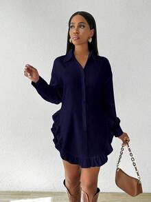 Chiquease Camisa de manga larga con volantes y bajo curvo de unicolor simple para uso diario y casual de mujer, primavera/otoño - Azul Marino - Ver 5