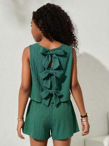 SHEIN 2pcs/Set Tween Girls Casual Textured Fabric Bow Back Camisole Top And Shorts Set - Green - View 7