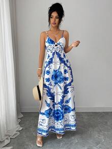 Elenzga Spaghetti Strap Deep V-Neck Twist Design Flared Dress, Blue, Vacation/Bohemian Style - Blue and White - View 4