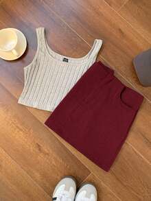 Comfortcana Summer Going Out Low Waist Solid Straight Grey Mini Skirt - Burgundy - View 5