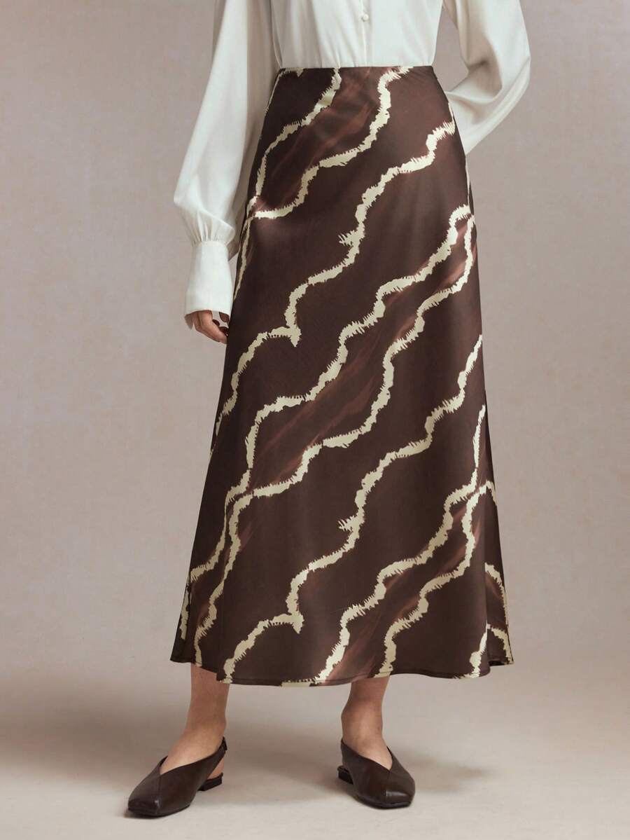 BizChic Chân váy đuôi cá màu nâu cà phê in họa tiết lượn sóng với khóa kéo ẩn, đa năng cho mùa xuân/hè, phù hợp cho lễ Phục sinh, ngày Thánh Patrick, đi làm, mặc hàng ngày, phong cách thường ngày, lãng mạn retro thập niên 90, dự tiệc, đi biển, lễ tốt nghiệp, kỳ nghỉ, khách dự đám cưới, phù dâu, chủ nhà. - màu nâu - Xem 1