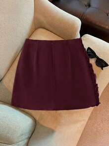 Franclia 女士法式刺绣3D玫瑰花浪漫约会黑色半身裙，高端时尚修身半身裙 - 紅木色 - 查看 2