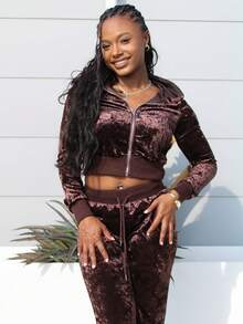 Steph T Women's Velvet Hoodie Jacket And Flared Slim Fit Pants Set, Casual American Style, Autumn/Winter - Brown - View 6