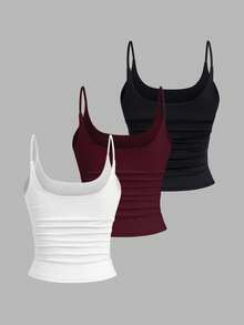 Sweetra 3pcs/Set Women's Sexy Short Casual Commuter Versatile Daily Spaghetti Strap Square Neck Camisole In Apricot, Coffee Brown And Black - Multicolor - View 2
