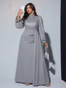 Viva Relle 大码女士优雅亮片装饰长袖收腰连衣裙，适合宴会、派对、婚礼宾客、新年、圣诞节等场合。 - 灰色 - 查看 1