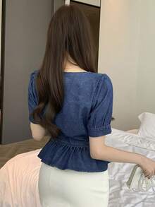 DAZY Women's Sweetheart Collar Short Puff Sleeve Button Design Ruffle Hem Denim Blouse - Blue - View 2