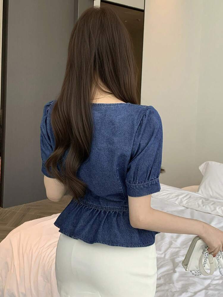 Women's Sweetheart Collar Short Puff Sleeve Button Design Ruffle Hem Denim Blouse Summer Babydoll Top