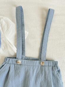 SHEIN 男宝宝春夏学院风套装，白色短袖衬衫搭配蓝色背带短裤，绅士装扮，正式西装，适合节日、满月、洗礼、周岁生日庆祝、迎婴派对、优雅场合、婚礼宾客、花童、戒指童等。 - 藍色 - 查看 7