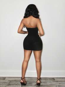 SHEIN PETITE Women's Halter Backless Hollow Out Sexy Waist Cinched Mini Dress, Suitable For Dates And Parties - Black - View 2