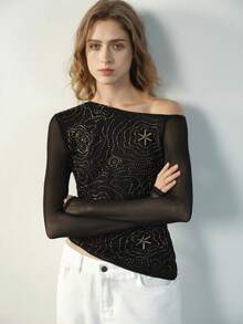 Maija Black 1pc Women's Black & Gold Semi-Sheer Beaded Embroidered Fitted Asymmetric Shoulder Top Long Sleeves  Beach Outfit Holiday Outfits Sequin - Black and Gold - View 5