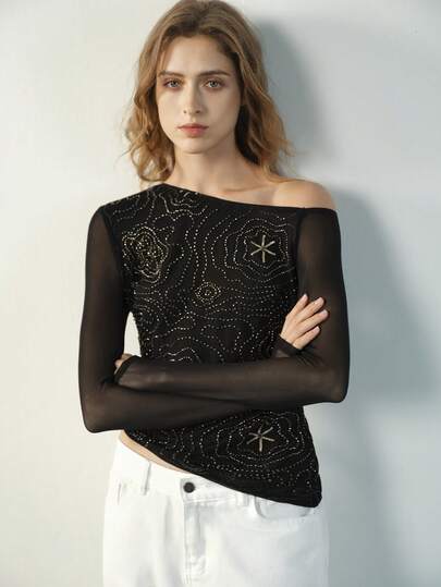 Maija 1件女士黑色金色半透明串珠刺绣修身不对称肩部上衣