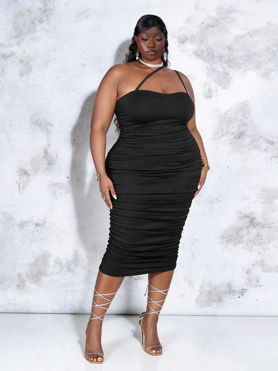 CurvyTilda 纯色褶饰紧身连衣裙，女士生日礼服 - 黑色 - 查看 1