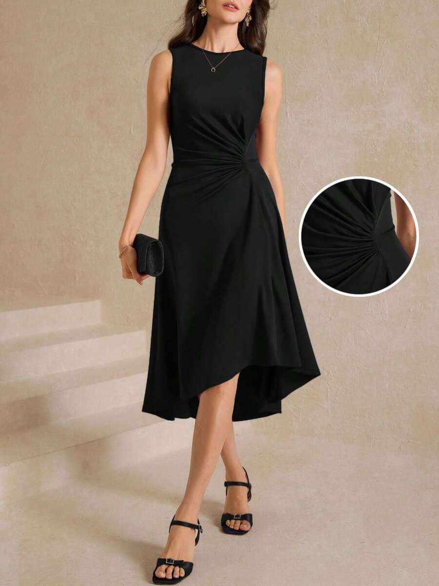 Amorya Đầm chữ A không tay, màu trơn, xếp ly phía trước - màu đen - Xem 1