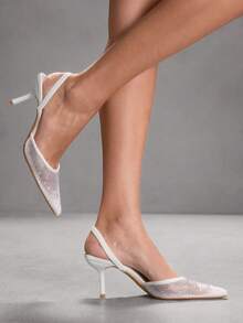 CUCCOO SZL Pointed Toe Backless High Heel White Mesh Rhinestone Elastic Strap Women's Stilettos, Fashionable, Sexy, Elegant French Style Open Toe Pumps - White - View 6