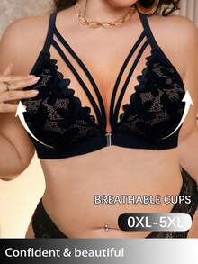 SHEIN 1 pieza Sujetador inalámbrico de encaje con cierre delantero para tallas grandes - Negro - Ver 3