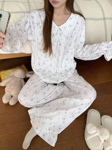 DAZY Cute Rabbit Print Lace Trim Peter Pan Collar Women Pajama Set - White - View 4