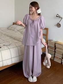 DAZY 可爱荷叶边灯笼袖宽松女士睡衣套装 - 紫色 - 查看 8