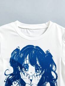 SHEIN Bộ 2 món cho bé gái, phong cách đường phố cá tính, năng động, họa tiết ngôi sao đính kèm, áo thun dệt kim ngắn ôm sát + quần cargo ống rộng in họa tiết giả denim. - Màu xanh lam - Xem 4