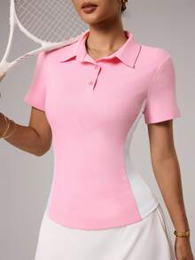 CourtClass Women's Solid Color Button Golf Polo Shirt, Fitted Short Sleeve, Summer - Pink - View 3
