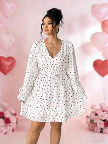 Elenzga Đầm dài tay cổ chữ V in hình trái tim, eo thắt dây, gấu đầm xếp ly thanh lịch dành cho nữ cỡ lớn. - trắng - Xem 6