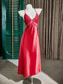 SHEIN Women's Backless Lace Trim Faux Silk Nightgown - Burgundy - View 6