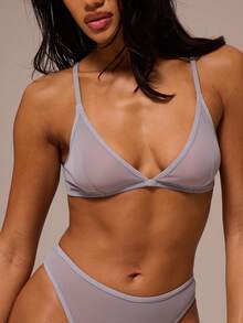 MUSERA ESSENTIALS Sheer Mesh Triangle Bralette With High Leg Thong 2 Pieces Multipack Set Sexy Lounge Cute Night Lingerie Essential - Light Grey - View 2