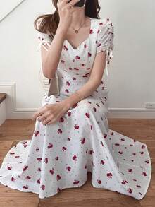 FRIFUL 女士樱花印花白色露肩抽绳蝴蝶结喇叭连衣裙，修身收腰，百搭婚礼宾客礼服，女士长款连衣裙 - 白色 - 查看 6