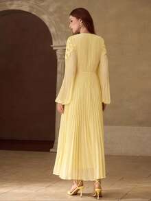 MOTF PREMIUM WOMEN'S ROMANTIC ELEGANT LACE PATCHWORK PLEATED LONG DRESS, SPRING/SUMMER - Yellow - View 4