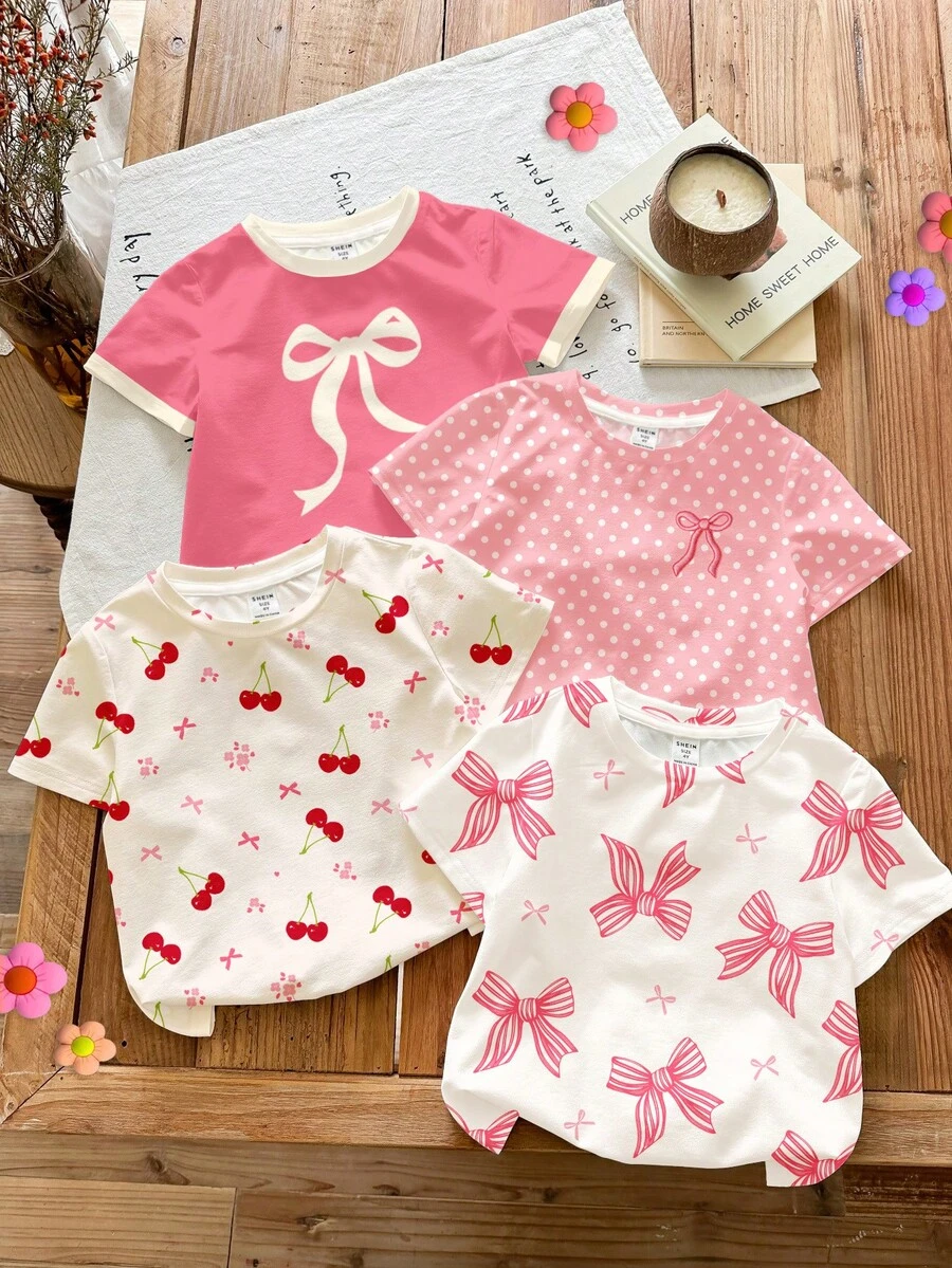 SHEIN LMoss Kids Bộ 4 áo thun ngắn tay cổ tròn màu hồng nhạt dễ thương cho bé gái, họa tiết nơ anh đào và hoa, kiểu dáng tối giản, mềm mại và thoải mái, thích hợp mặc hàng ngày vào mùa xuân/hè. - Nhiều màu - Xem 1