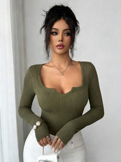 Almamuse Women's Slim Fit Solid Color Sexy Deep Sweetheart Neck Long Sleeve T-Shirt, Unique Keyhole Neckline Shoulder T-Shirt Ribbed Long Sleeve Top Green Long Sleeve Top Olive Green Long Sleeve Top
