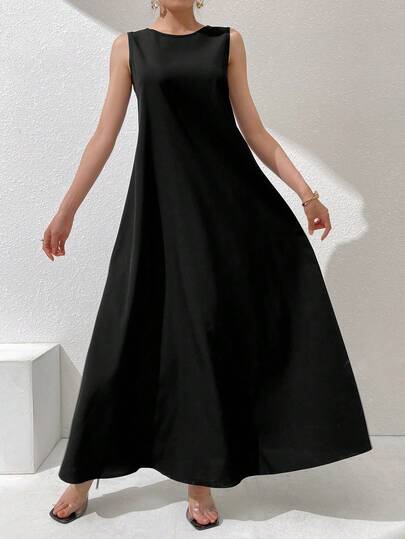 Al Najma Women's Solid Color Minimalist Casual Crew Neck Sleeveless Arabic Style Dress, 2pcs/Set, Under Abaya Inner Dress, Maxi Tank Dress, Essential Basic Long Dress
