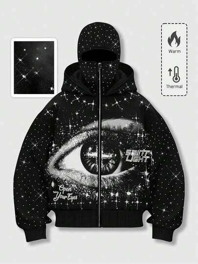 Street Life Sweat à capuche zippé pour hommes, style punk de rue, imprimé graphique avec ornements de strass. Top à manches longues, automne/hiver