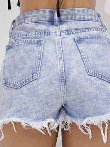 女士宽松休闲破洞边缘口袋牛仔短裤 - 藍色 - 查看 2