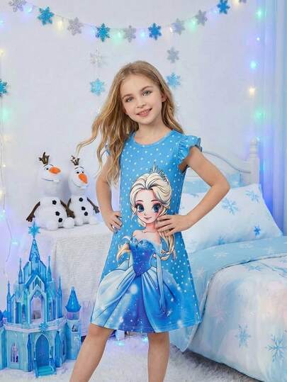 1 pieza Pijama de niña con gráfico lindo, cuello redondo, patrón de princesa, suave y cómodo. El mejor regalo para niñas pequeñas