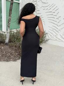 Alexandranx 女式纯黑色不对称肩部褶饰紧身连衣裙，夏季 - 黑色 - 查看 2