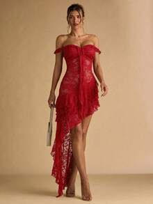SHEIN BAE Women's Green Spaghetti Strap Spaghetti Strap Backless Ruffle Trim 3D Floral Lace Dress, Elegant Resort Dress, Summer Dress - Red - View 3