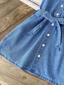 LMoss Kids Vestido suelto de niña joven de mezclilla azul con cinturón - Lavado ligero - Ver 5