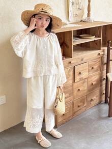 DAZY Tween Girl Floral Embroidery Round Neck Single-Breasted Lantern Sleeve Shirt And Wide Leg Pants Casual Outfit - Apricot - View 2