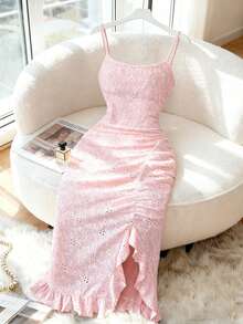 Elenzga New Arrival Elegant Sexy French Style Textured Jacquard Design Spaghetti Strap Backless Fitted Bodycon Mini Dress With Frill Trim For Women - Pink - View 5