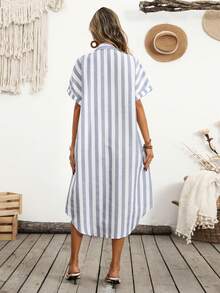Breezaya 女士条纹蝙蝠袖单排扣休闲衬衫裙 - 藍色 - 查看 2