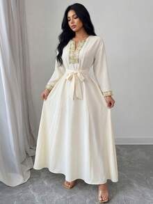 Rafferiza Women's Vintage Apricot Embroidered V-Neck Loose Long Sleeve Midi Dress, Patchwork Design, Suitable For Vacation, Daily Wear, Artistic Style, Party, Commute, Minimalist,Winter Clothes For Women,Summer,Spring,Valentine's Day ,Romance , Dating,Beach, Wedding,Birthday,Going Out,Elegant,Casual,Vacation,Graduation Season Attire Abayas Dubai Luxury Butterfly Abaya Abaya For Women Dubai Abaya Set - Apricot - View 5