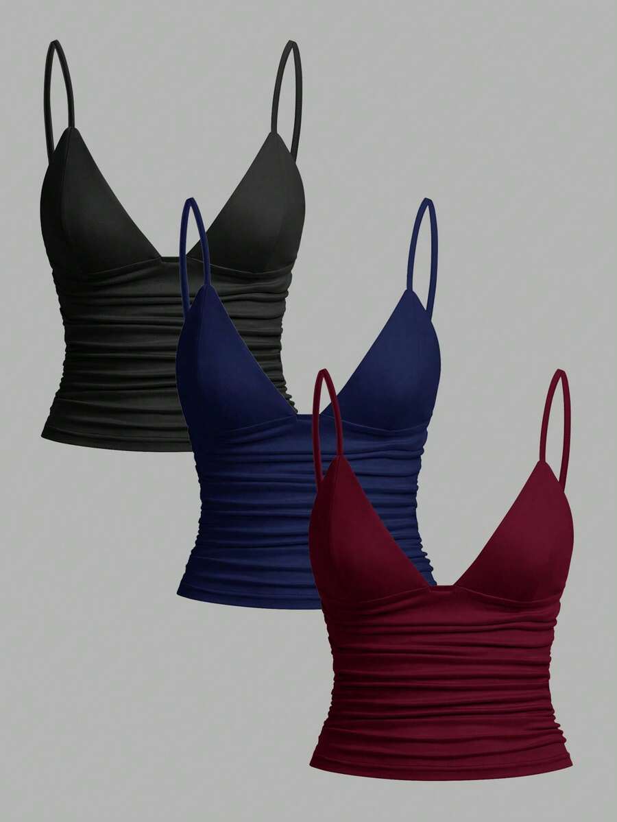 SHEIN EZwear Bộ 3 áo hai dây ôm dáng, xếp ly, có áo ngực tích hợp dành cho nữ, thích hợp cho mùa hè. - Nhiều màu - Xem 1