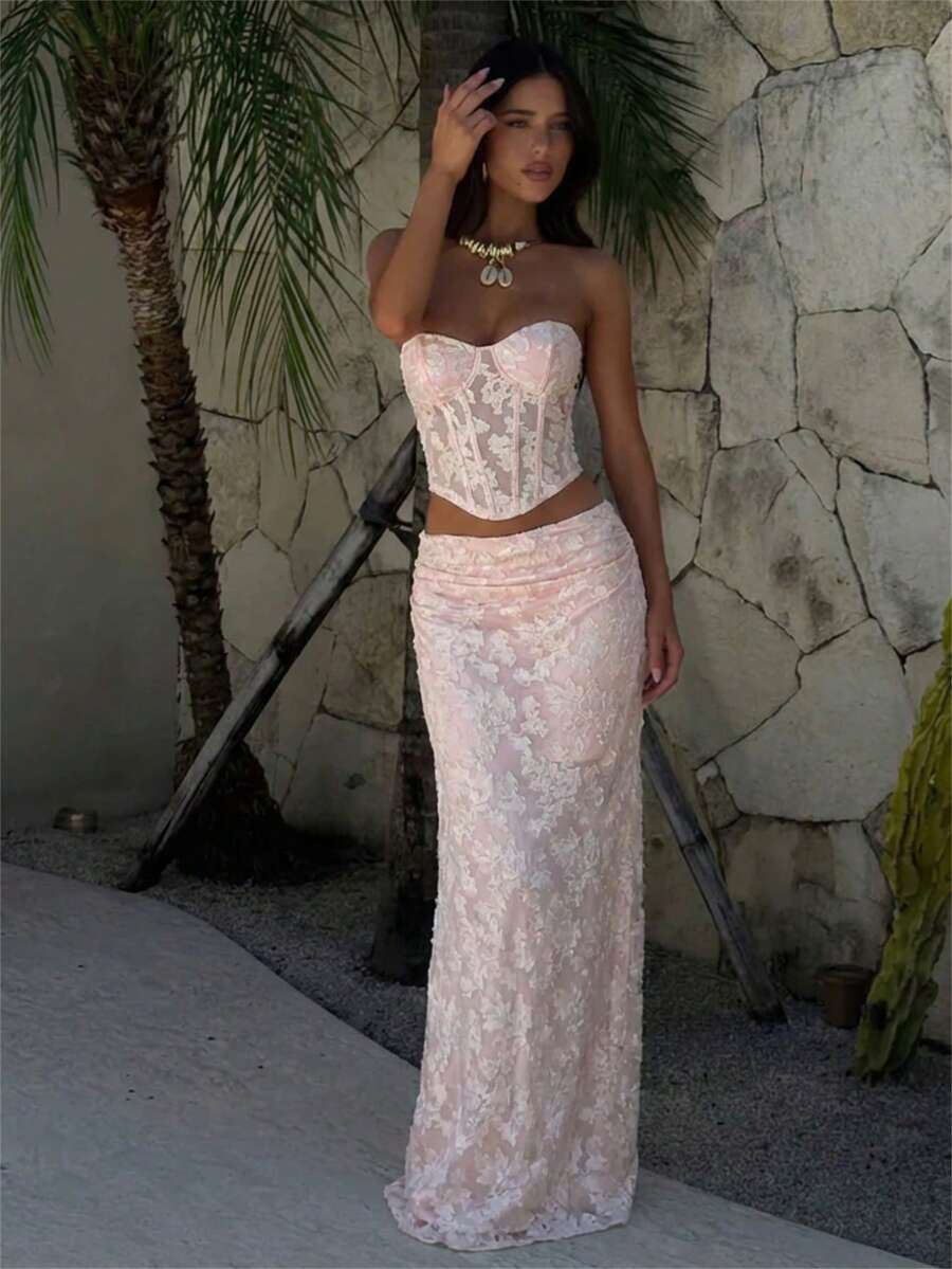 Aloruh Bộ đồ 2 mảnh thanh lịch dành cho nữ, gồm áo hai dây ngắn dệt kim jacquard và chân váy suông, thích hợp cho các buổi hẹn hò và ngày Valentine. - Màu Hồng baby - Xem 1
