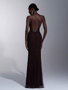 Elitara Elegant Sexy Backless Sequins Embroidered Plunging Neckline Mermaid Hem Dress, Suitable For Festivals, Weddings, Galas, Concerts, Business Events, And Social Media Influencer Activities - Coffee Brown - View 2