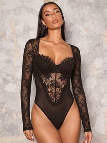 SHEIN Glamour 女士优雅性感纯色蕾丝拼接连体衣 - 咖啡棕 - 查看 6