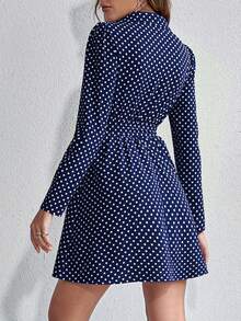 SHEIN Allurite 波点印花纽扣系带衬衫裙度假沙滩装女装 - 藍色 - 查看 2