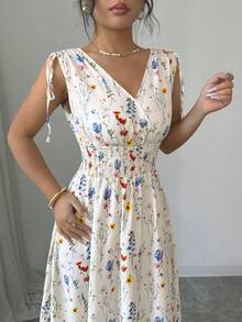 Breezaya 女士褶皱印花无袖连衣裙，肩部系带设计 - 杏色 - 查看 5