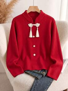 SHEIN Franclia Áo len nữ thanh lịch dáng rộng cổ đứng kiểu Trung Quốc mới, có tua rua và cúc cài, áo len nữ thanh lịch cho kỳ nghỉ lễ, áo len đỏ thanh lịch cho năm mới, không gian trang nhã, thích hợp cho Giáng sinh và Năm mới, cảm giác dịu dàng và quý phái, áo len ngày Valentine, áo nữ ngày Valentine, áo Valentine, áo nữ dự tiệc sinh nhật thanh lịch. - Đỏ - Xem 2