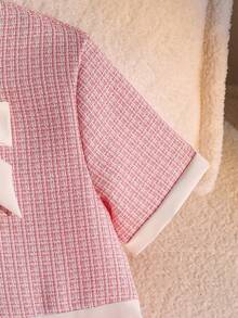 SHEIN Tween Girl Round Neck Bow Decor Pleated Sweet Short Sleeve Dress, Suitable For Vacation And Daily Wear - Pink - View 5