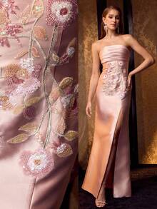 MOTF Soiréza WOMEN'S RUCHED BUST STRAPLESS FLOOR-LENGTH PARTY GOWN , BACK LACE-UP DETAIL, VIBRANT SEQUIN FLORAL APPLIQUES, SATIN HIGH SIDE SLIT & FORM-FITTING SILHOUETTE , PERFECT FOR WEDDINGS, GALAS & FORMAL EVENTS , PAIR WITH STRAPPY HEELS & STATEMENT JEWELRY